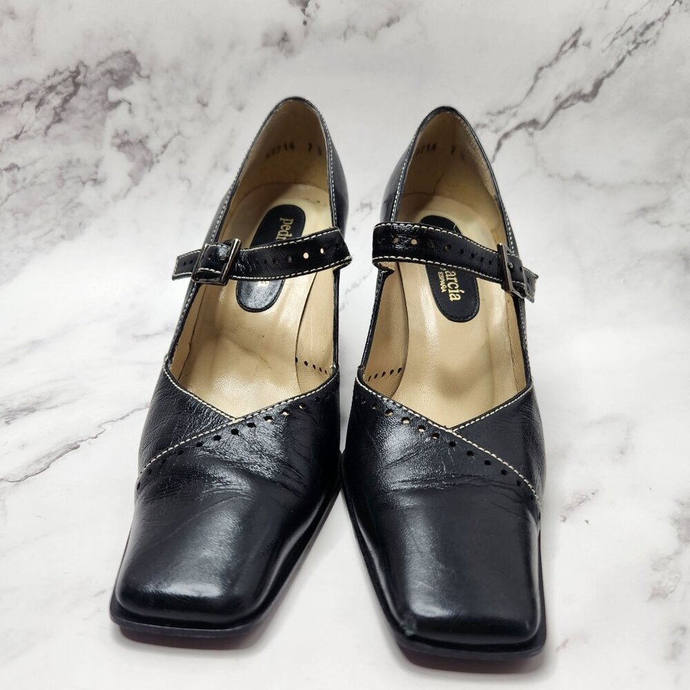 Pedro Garcia Black Leather Y2K Square Toe Block Wall Mary Jane Heels Size 7 - Picture 3 of 9
